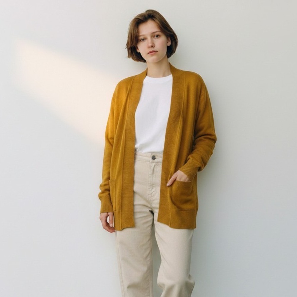 Cielo Cardigan Mustard‎ Yellow Open Front Shawl Collar Dark Academia Preppy L